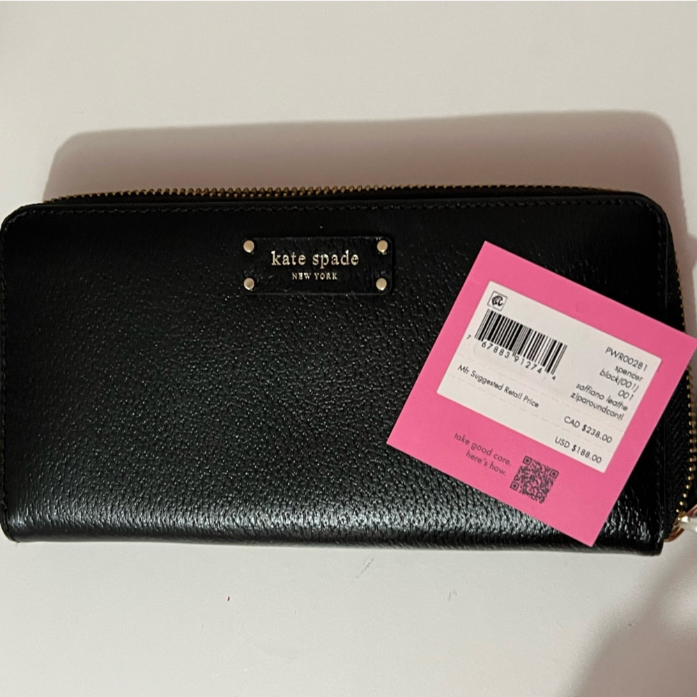 KATE SPADE SPENCER SAFFIANO LEATHER ZIP AROUND CONTINENTAL WALLET BLACK NWT $188